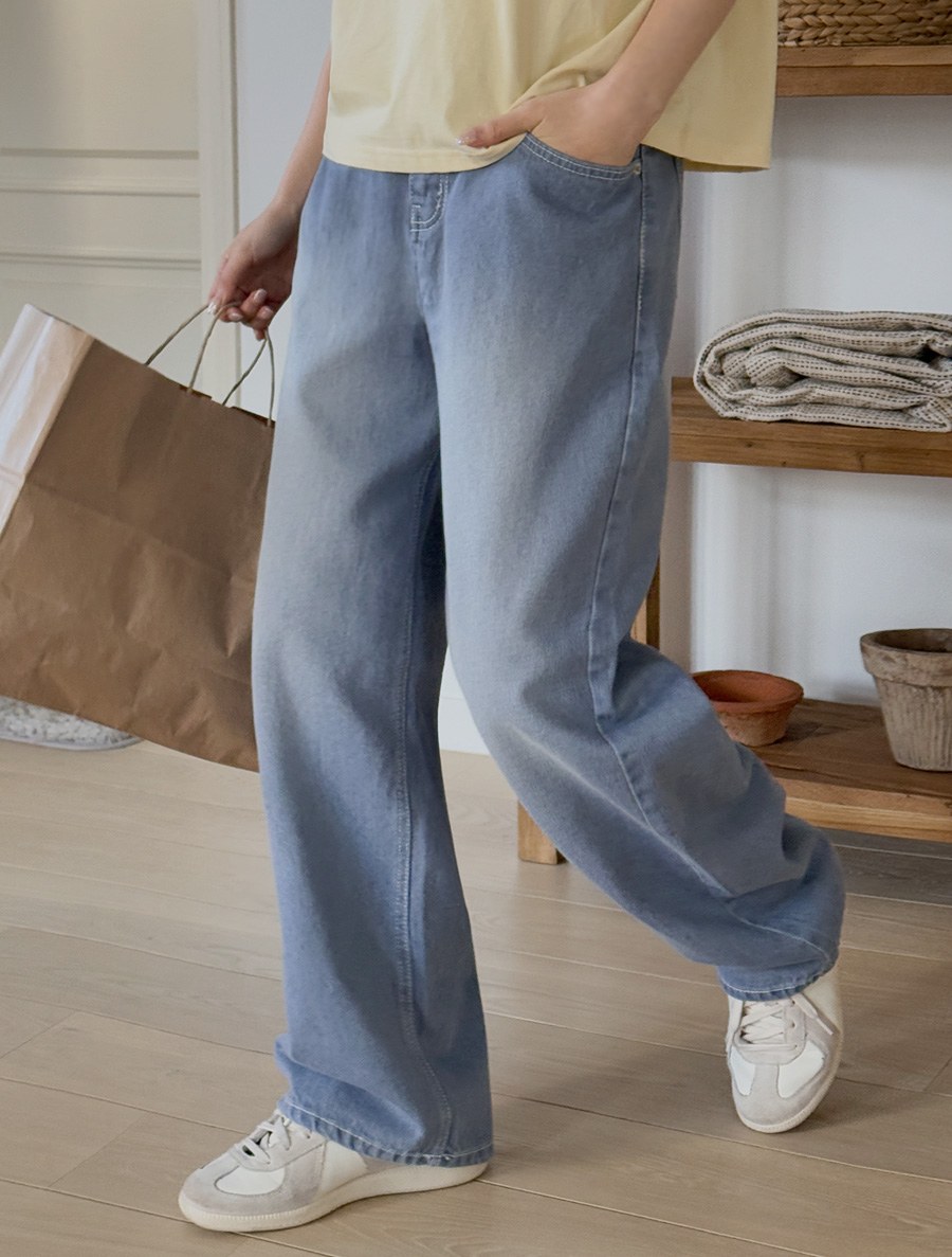 テミドステッチストレートロングデニムパンツ