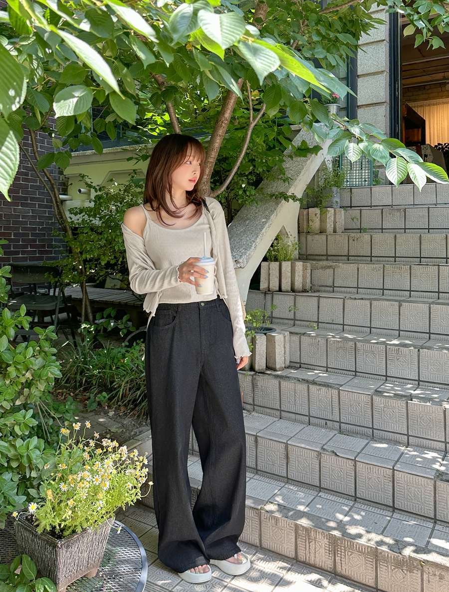 [日常パンツ]ペビネンブラックワイドウエストバンドデニムパンツ
