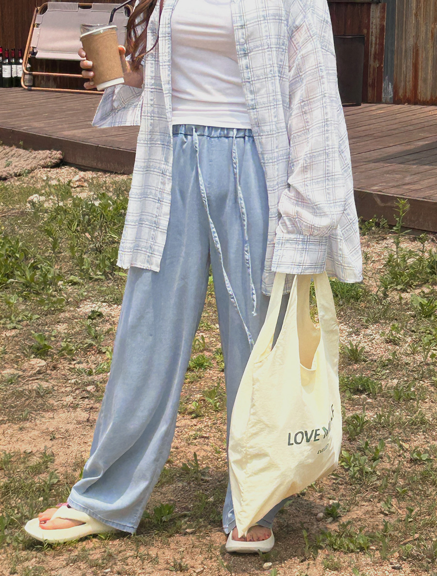 [日常パンツ]リムレンリオセルクールデニムワイドウエストバンドパンツ