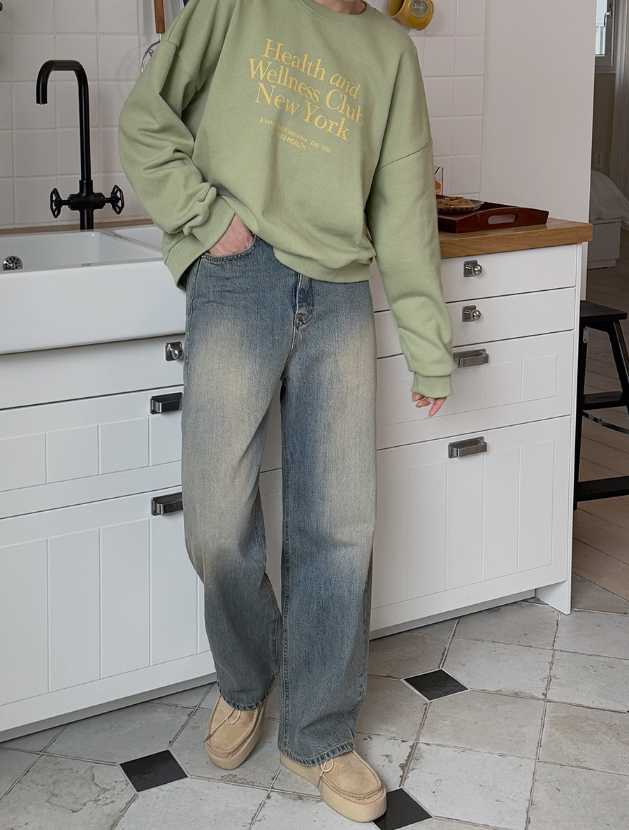 ニベンフウォッシングストレートロングデニムパンツ