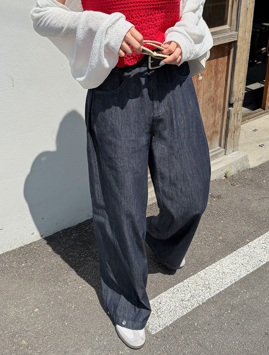ティアエン長さ別ピンタックワイドクールデニムパンツ