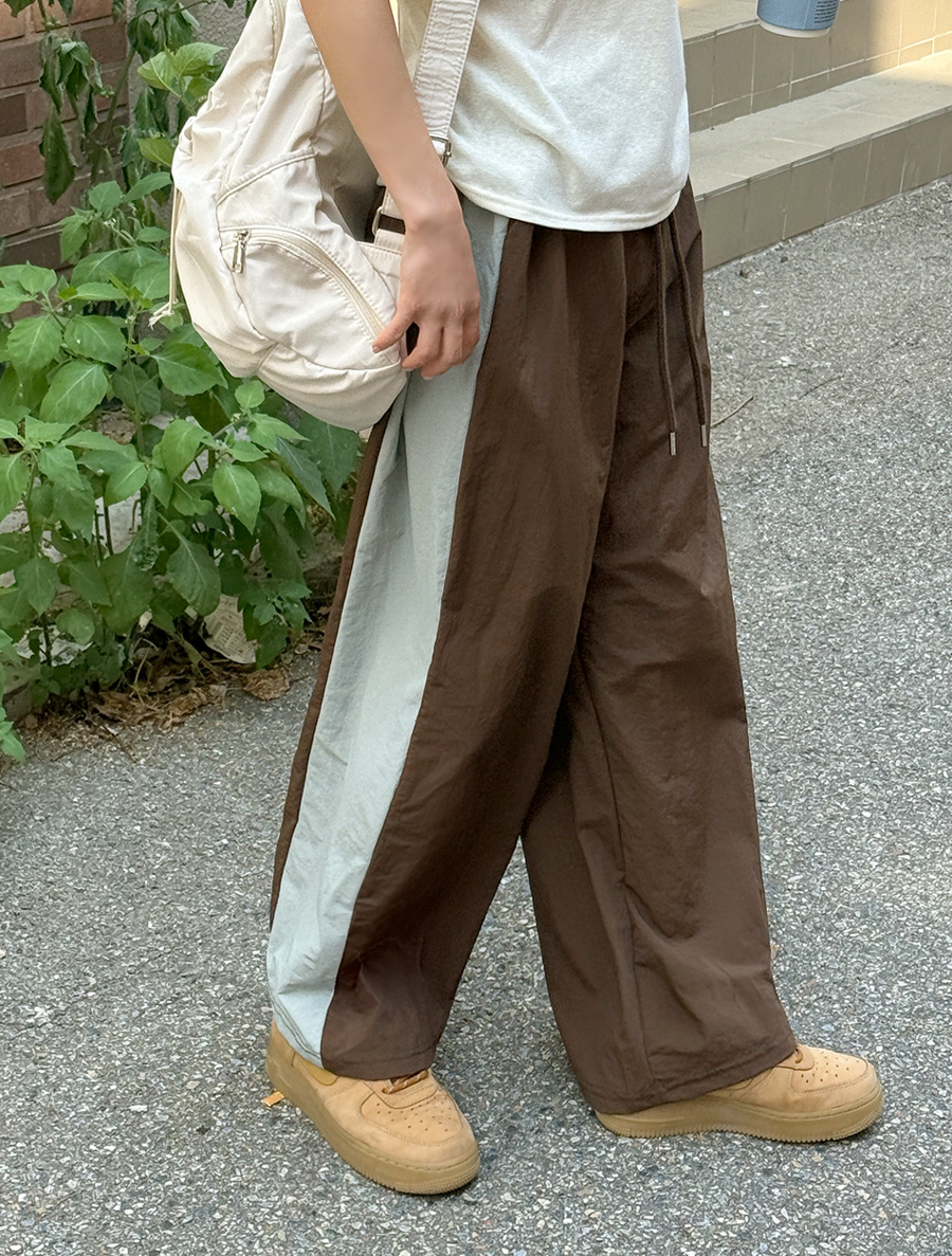 ねんビュード配色切開ロングウエストバンドパンツ