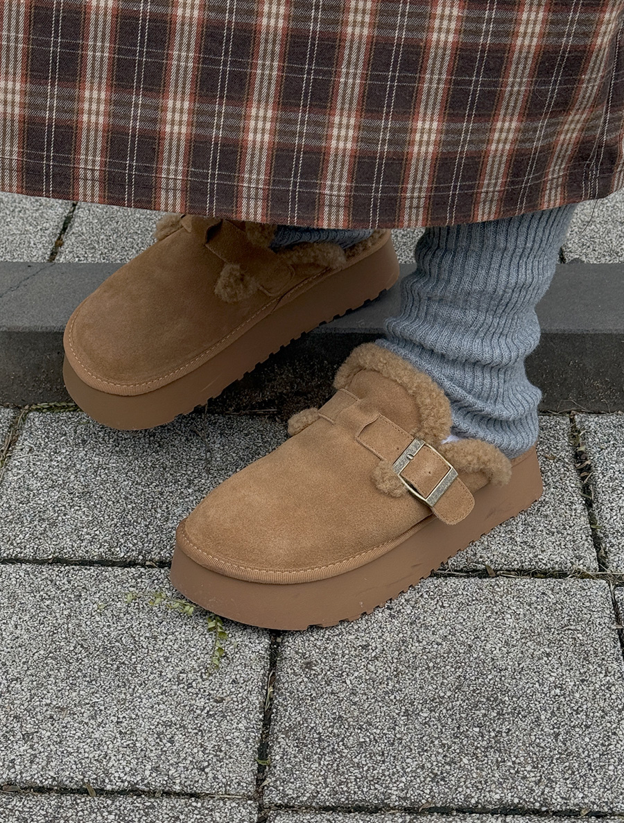 ルピュアカーフスキンプラットフォームソール 毛スリッパ(4.5cm)