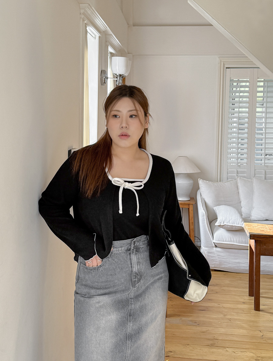 [EVELLET]ベルティブリボン配色スリブリスカーディガンSET