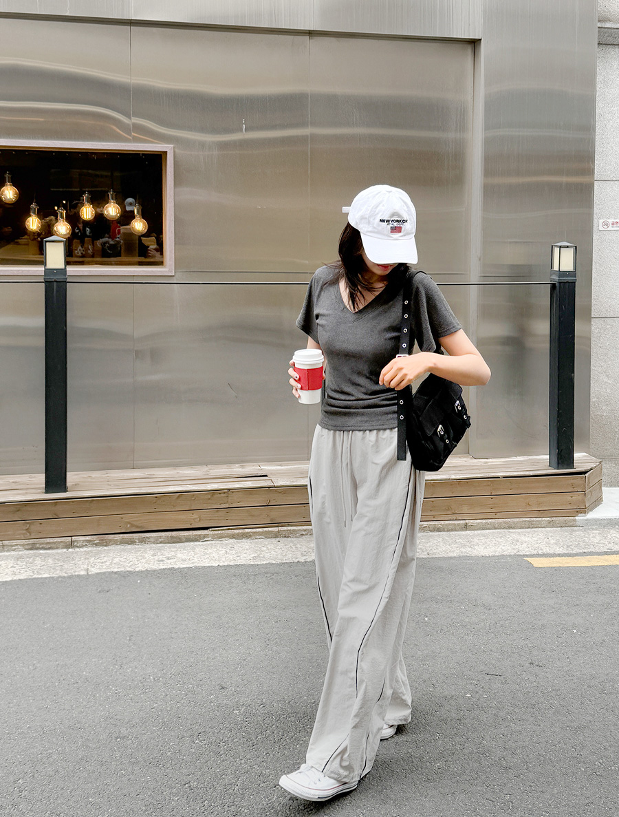 キューブ配色切開 ロングウエストバンドパンツ