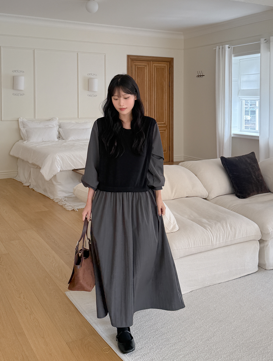 エニユー配色シャーリング ロングワンピース