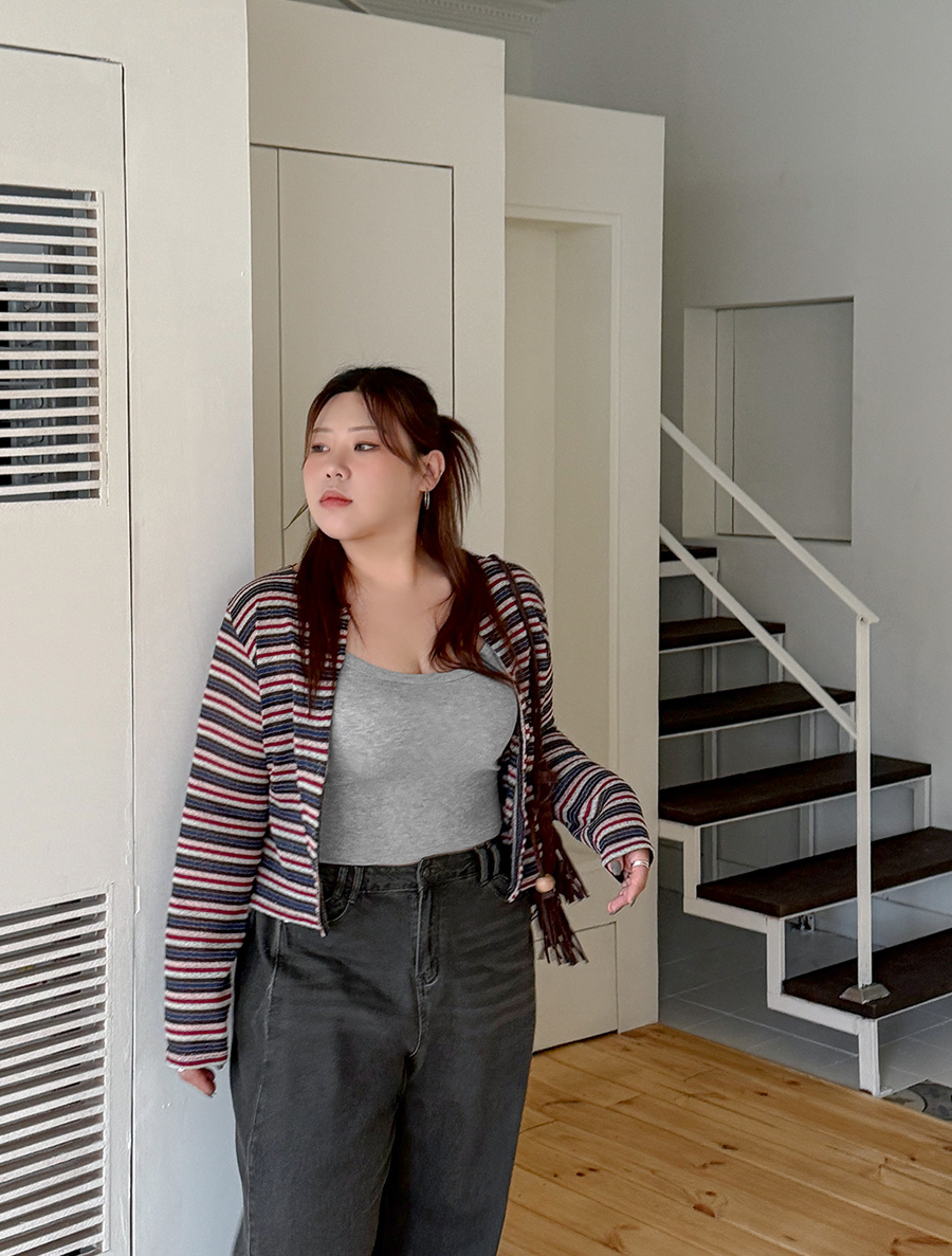 アポチュー配色セミクロップドボタンカーディガン