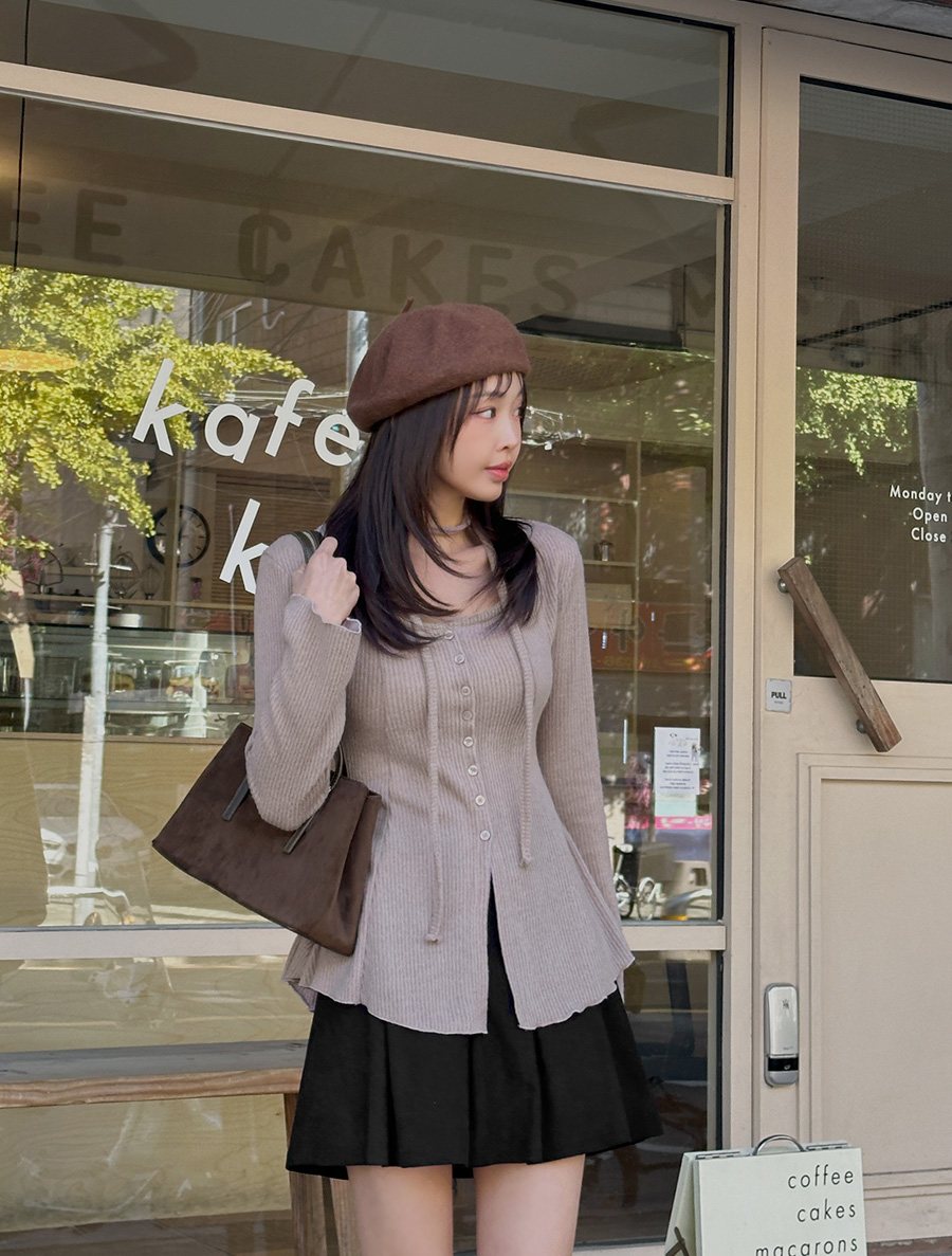 [EVELLET]ティムエンスカーフSETボタン起毛ペプラムティブラウス