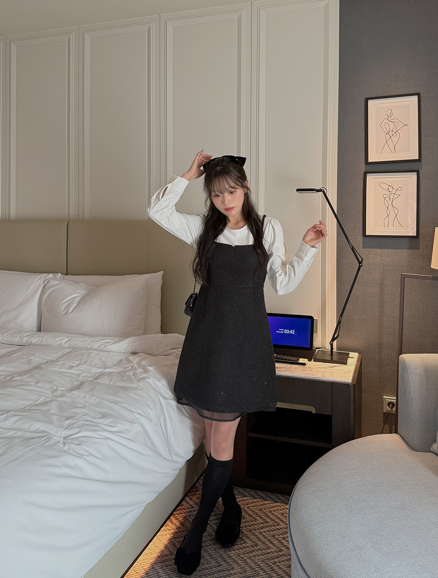 [EVELLET]ミュージアンツイードグリッタービスティエミニワンピース