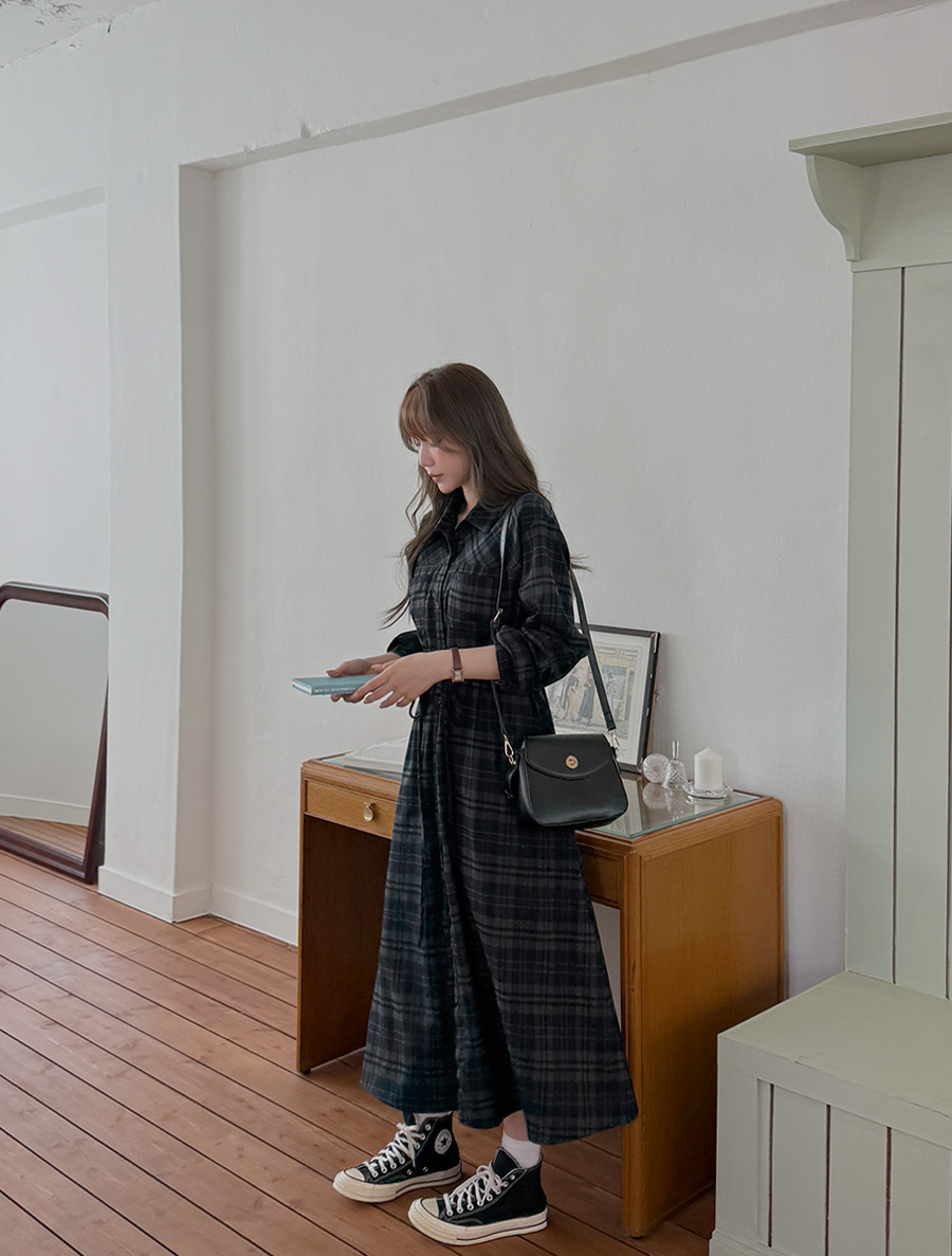 ピントーブチェックストリングロングワンピース