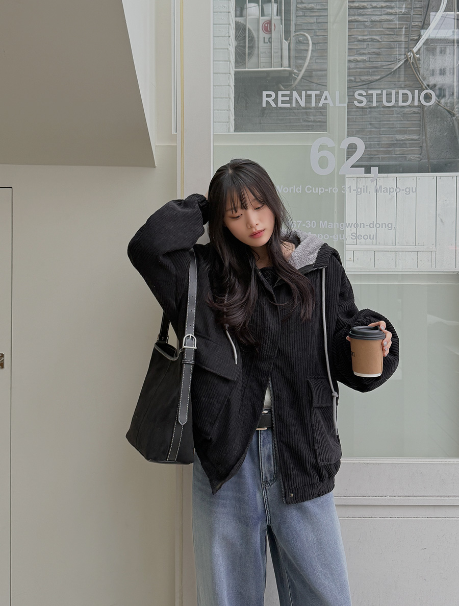 キュープレンコーデュロイファーフードジャンパ