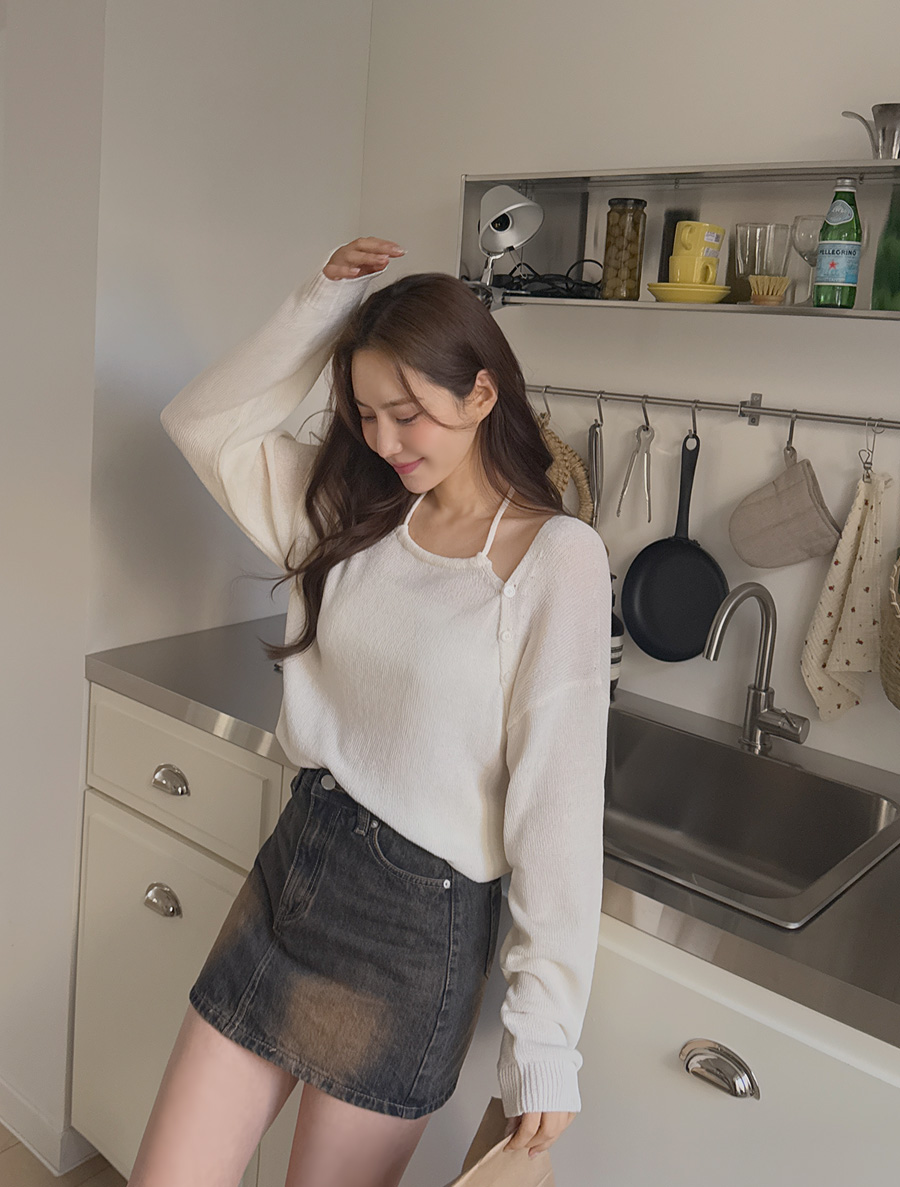 [EVELLET]メルクムルーズフィット ホルターネック ラグランニット