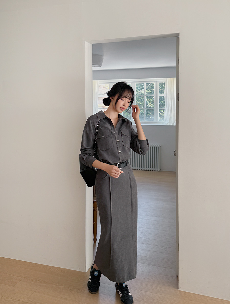 [EVELLET]メルトニングポケットシャツロングスカートSET