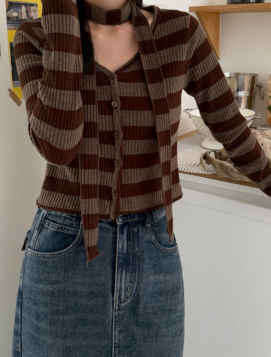 [EVELLET]ミューブエンダンガラスカーフSETカーディガンティーシャツ