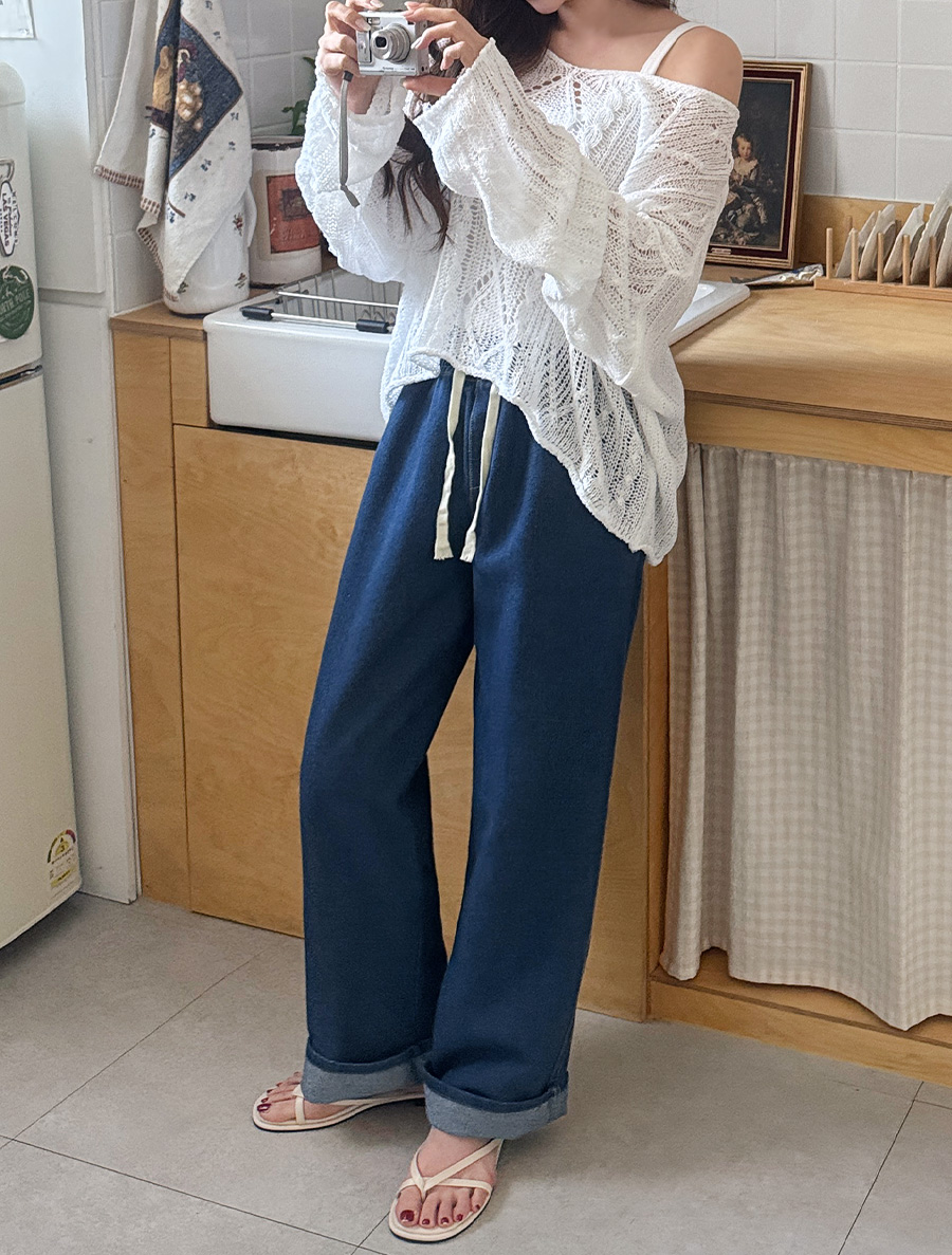 ルテンビーデニムセミワイドロングウエストバンドパンツ