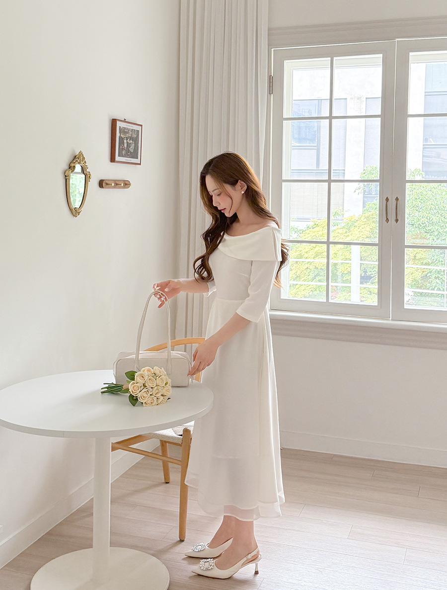 [EVELLET]ケムアオフショルダーオーガンザロングワンピース