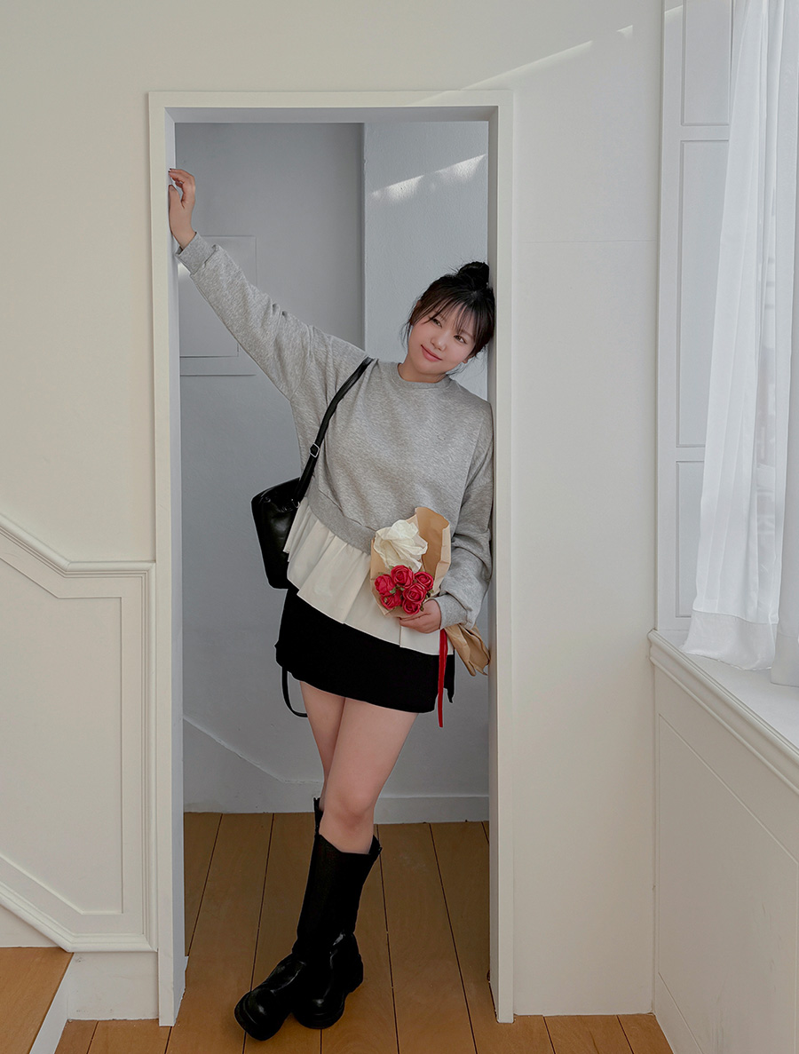 [EVELLET]ロムア起毛 レイヤード配色 シャツ ラベル カットソー