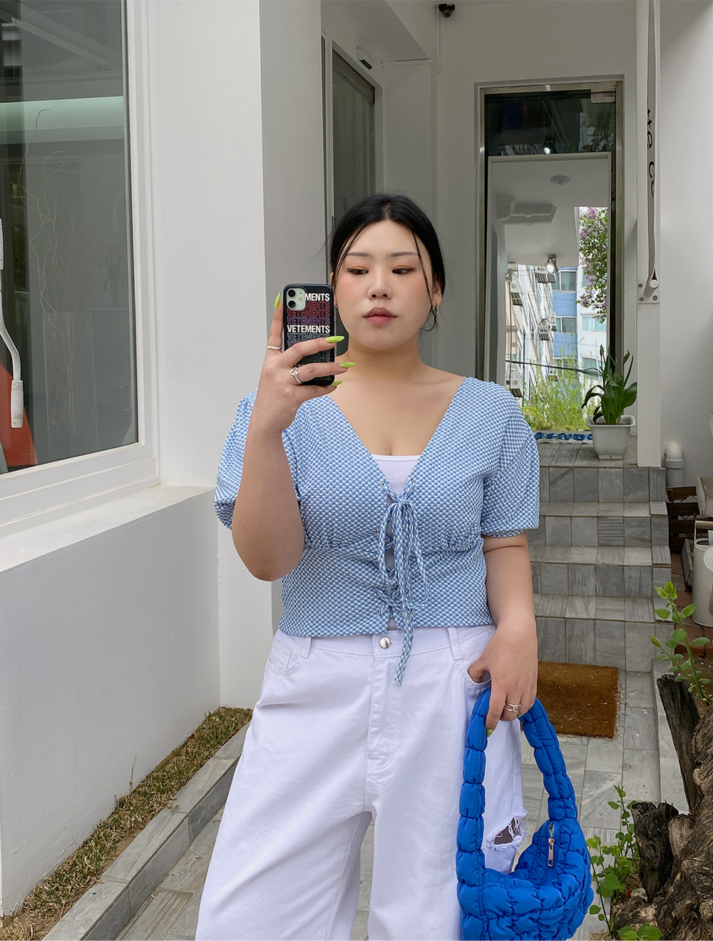 [EVELLET]ラッキーユチェックアイレットティブラウス