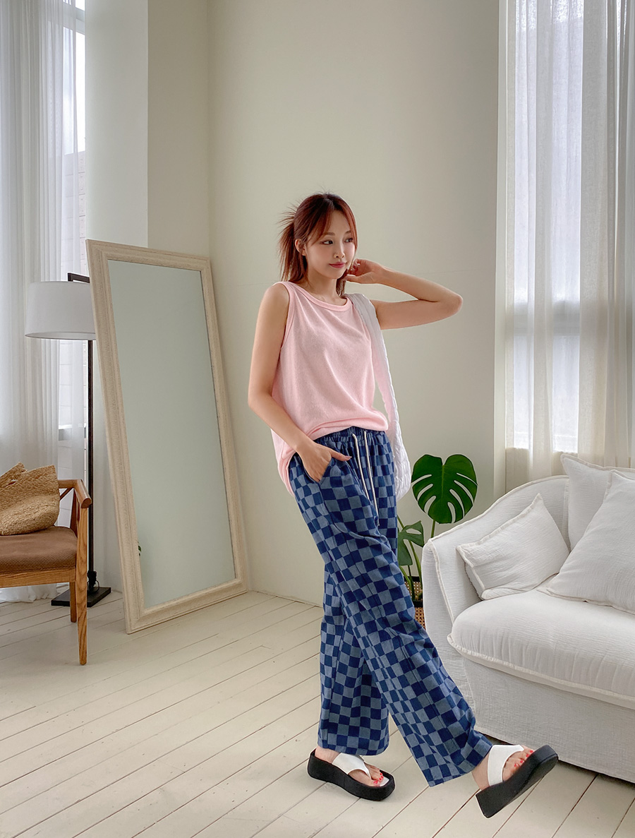 [EVELLET]フェルニルチェッカーボードウエストバンドデニムパンツ