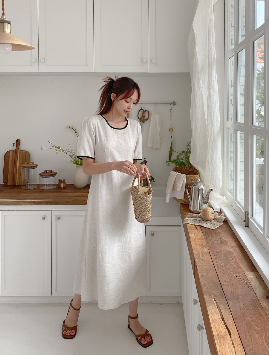[EVELLET]キオネルリネン配色ロングワンピース