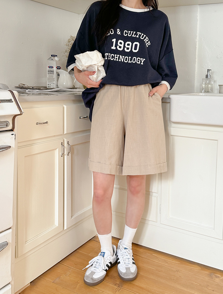 [EVELLET]メユニンリネン5分丈ウエストバンドパンツ