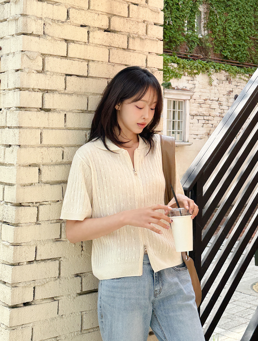 [EVELLET]ロチェニーケーブルカラーニットジップアップ