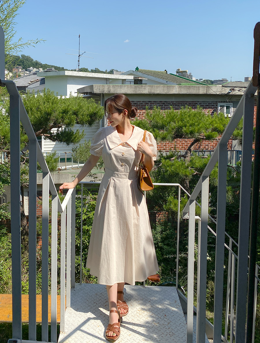 [EVELLET]シャミエンコットンビッグカラーロングワンピース