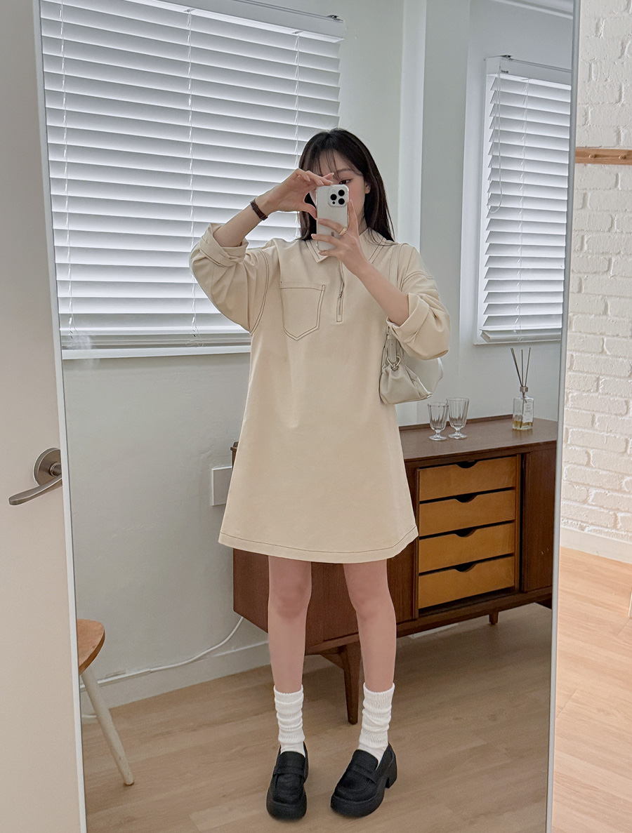 [EVELLET]メルベイ配色ステッチ反集業ミニワンピース