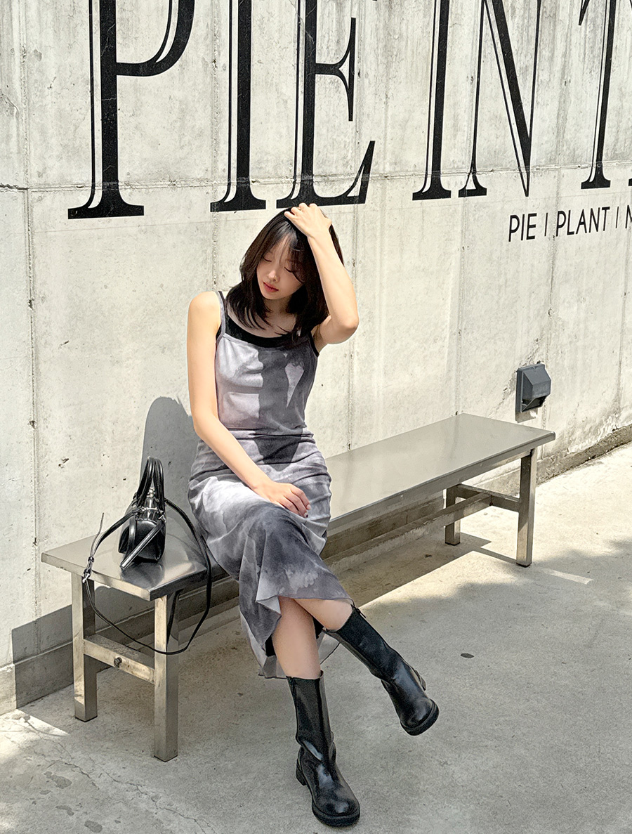 [EVELLET]プコネンメッシュプリントレイヤードロングワンピース