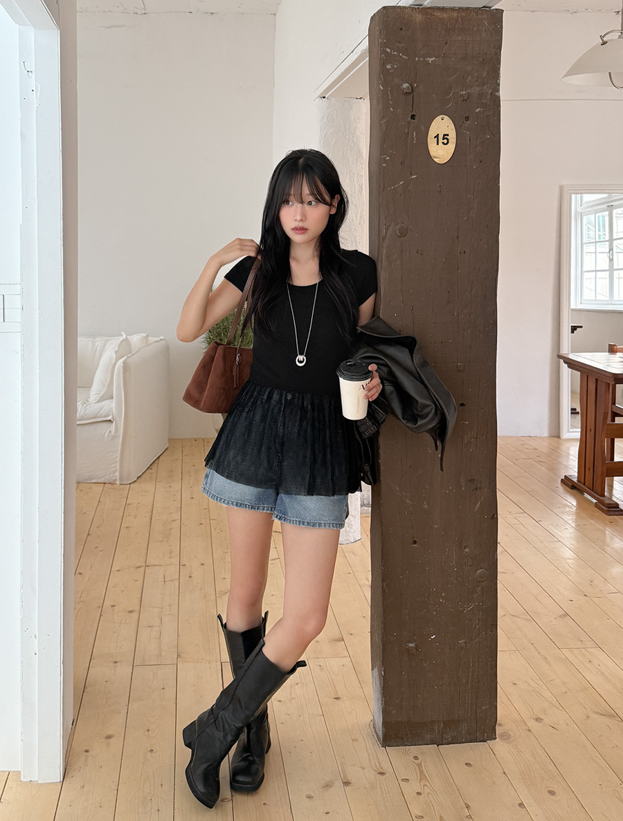 [EVELLET]ドネルシャーリングフリルレイヤードチブラウス