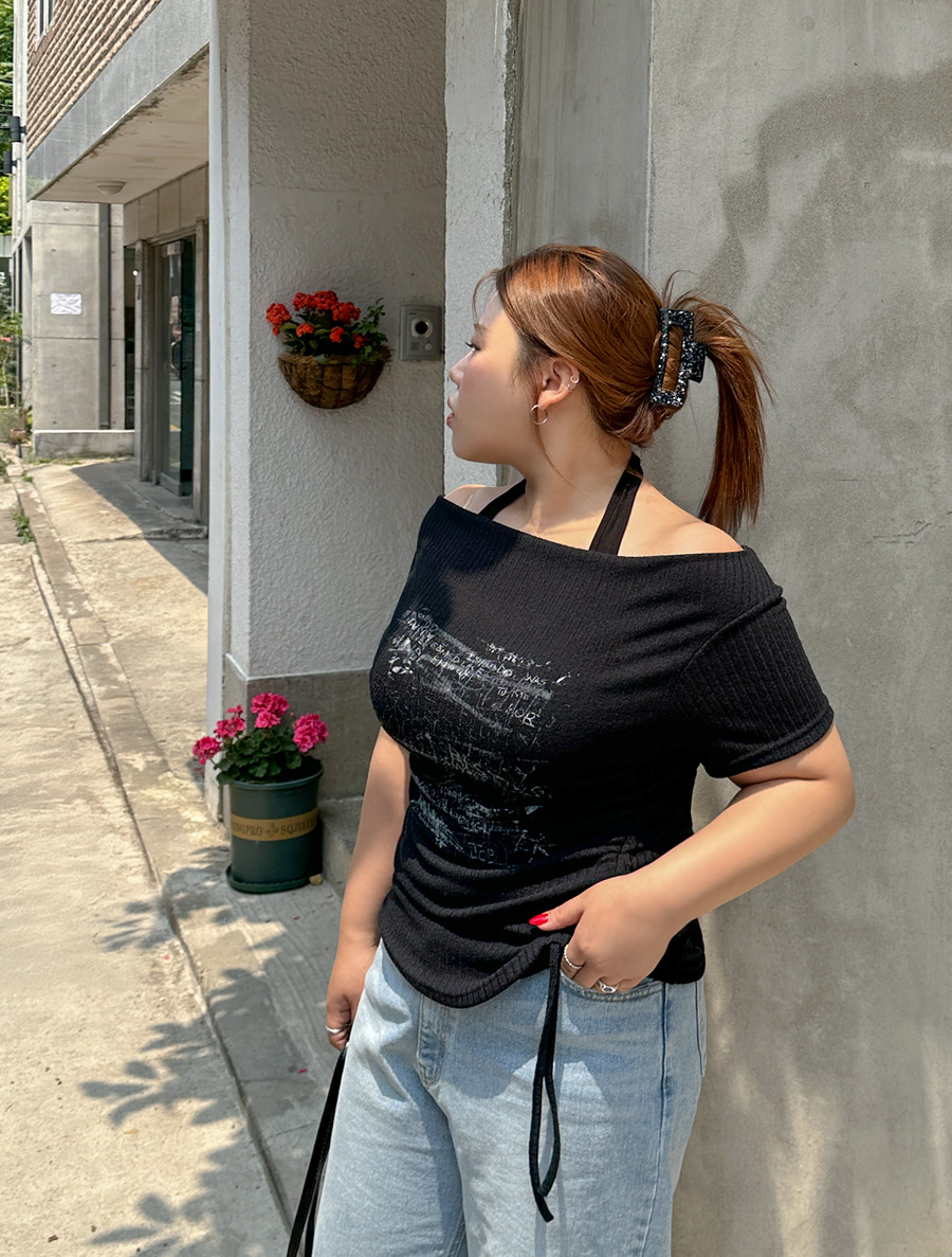 [EVELLET]ヘルアホルター配色プリンティングシャーリングティーシャツ