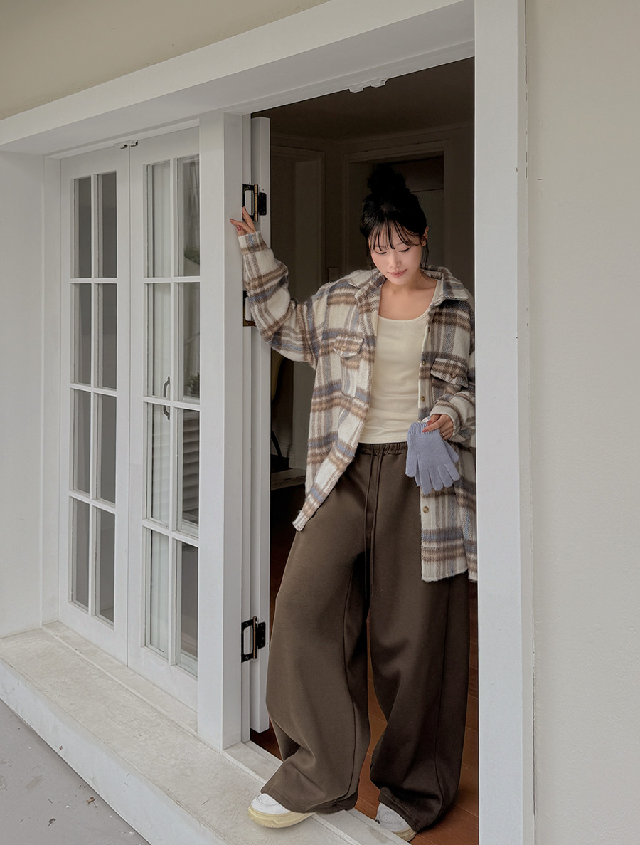 [EVELLET]ピューブン起毛ピンタックストリングロングウエストバンドパンツ