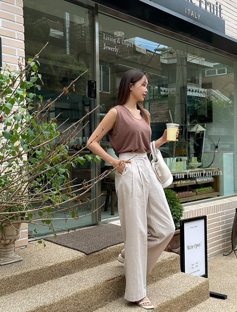 [EVELLET]メラチンリネンウエストバンドスラックス