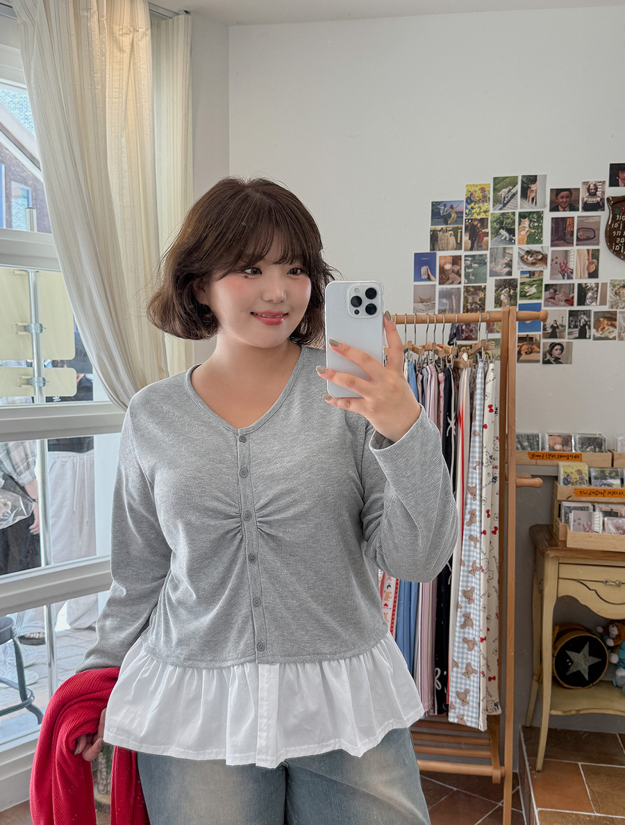 エンミューレン配色シャーリングボタンティーシャツ